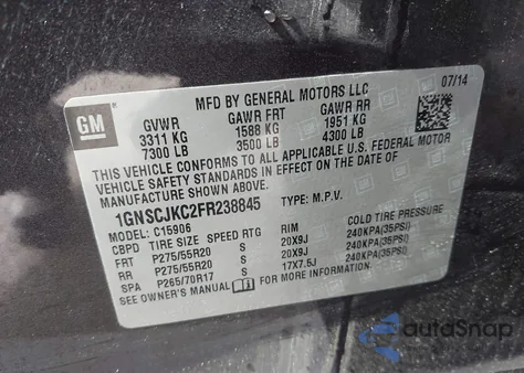 2015 Chevrolet Suburban C1500 Lt z USA, uszkodzony, nr VIN 1GNSCJKC2FR238845